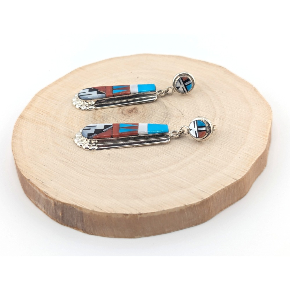 Zuni Multi Stone Inlay Turquoise Drop Earrings Native American Sterling Jewelry* - Picture 10 of 12